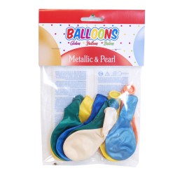 Ballonger Metallic och Pearl Mix i 10-pack av naturlig gummi-latex. 30 cm stora, CE-märkta och tillverkade i Spanien. Lyxig mix med metallic och pearl-glans perfekt till fest och firande. Kan fyllas med luft eller helium.