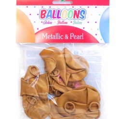 Ballonger Metallic och Pearl Guld i 10-pack av naturlig gummi-latex. 30 cm stora, CE-märkta och tillverkade i Spanien. Elegant guldglans perfekt för bröllop, nyår och fest. Kan fyllas med luft eller helium.