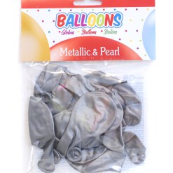 Ballonger Metallic och Pearl Silver i 10-pack av naturlig gummi-latex. 30 cm stora, CE-märkta och tillverkade i Spanien. Elegant silverglans perfekt för bröllop, nyår och fest. Kan fyllas med luft eller helium.