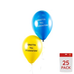 Ballonger Grattis till Studenten 25-pack i blått och gult med tryckt text. Latexballonger ca 25–30 cm som kan fyllas med luft eller helium – perfekt till studentfirandet.