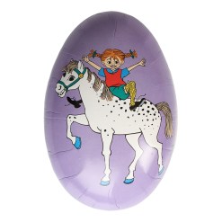 Lila påskägg med Pippi Långstrump-motiv. Perfekt till påskpresent, äggjakt eller dekoration. Mått 12 cm. Tillverkat i papper.