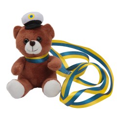 Studentnalle Mini Brun – söt liten nalle med studentmössa och blågult band att hänga runt studentens hals. Perfekt present och dekoration på examensdagen!