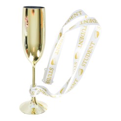 Champagneglas Student med Guld Band – guldfärgat plastglas med studenthalsband. Perfekt till studentfirande, utspring och fest.