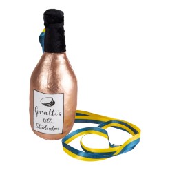 Studentnalle Rosa Flaska – rolig studentnalle i form av rosa flaska med text “Grattis till studenten”. Perfekt att hänga runt halsen vid utspring och studentfirande.