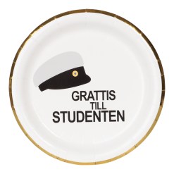 Papperstallrikar Studentmössa 8-pack – vita papperstallrikar med svart tryck, guldkant och texten "Grattis till studenten". Perfekta till tårta, buffé och festlig dukning.
