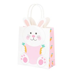 Presentpåse Påskhare Vit med motiv av vit hare och morötter. Perfekt för påsk, barnkalas eller små presenter. Mått ca 14 × 15 × 5,6 cm.