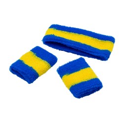 Svettband Set Sverige med 2 svettband och 1 hårband i blågult. Perfekt för träning, sport eller att heja fram Sverige. One size vuxen.