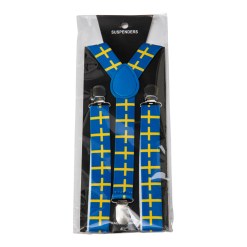 Hängslen Svenska Flaggan – justerbara vuxenhängslen med blå bas och svenska flaggan. Perfekt för nationaldag, midsommar eller sportevenemang, stilfullt och festligt supportertillbehör.