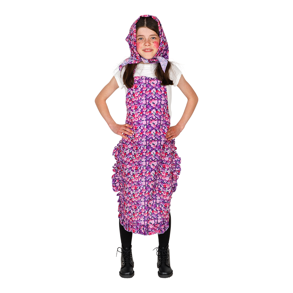 Påskkärring Blommig Barndräkt för barn i storlek 128–140. Färgglatt förkläde och matchande scarf för lekfull och fantasifull påskutklädnad, perfekt för påskfest eller påsklov.