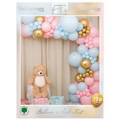 Ballongbåge Gender Reveal DIY-kit med rosa, blå och guldfärgade ballonger. Komplett set med steg-för-steg instruktioner, fylls med luft och skapar en festlig centerpiece för baby shower eller könsavslöjande fest.