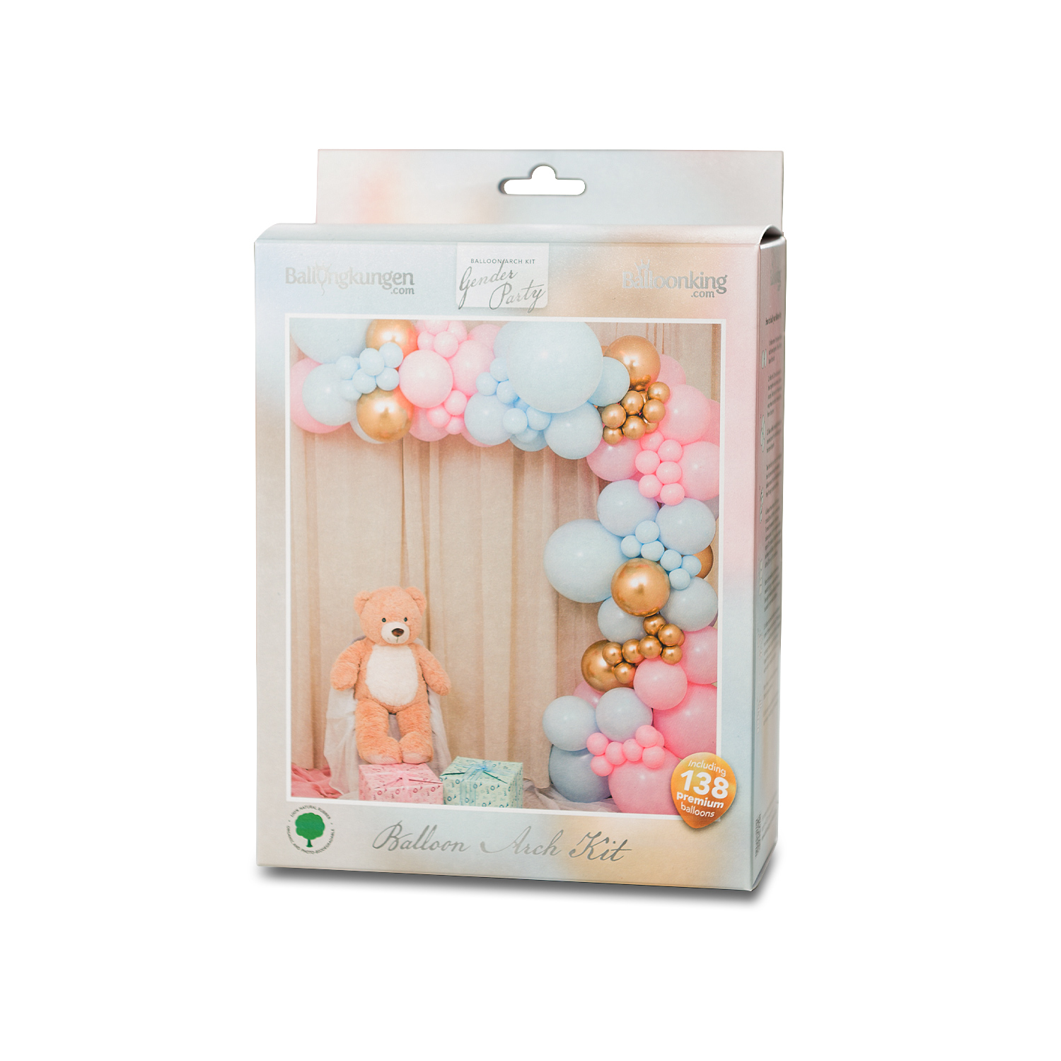 Ballongbåge Gender Reveal DIY-kit med rosa, blå och guldfärgade ballonger. Komplett set med steg-för-steg instruktioner, fylls med luft och skapar en festlig centerpiece för baby shower eller könsavslöjande fest.