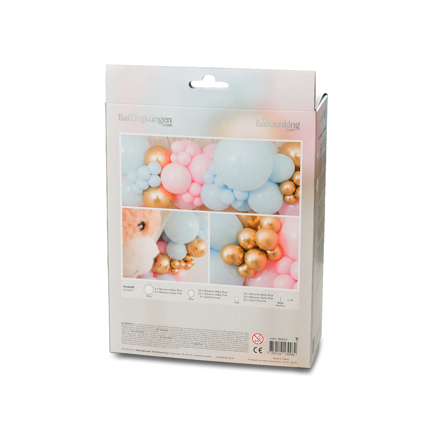 Ballongbåge Gender Reveal DIY-kit med rosa, blå och guldfärgade ballonger. Komplett set med steg-för-steg instruktioner, fylls med luft och skapar en festlig centerpiece för baby shower eller könsavslöjande fest.