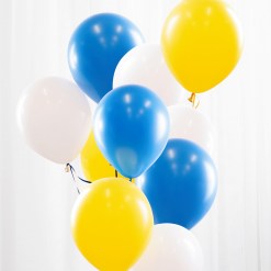 Ballongbukett Blå/Gul med 10 latexballonger, snöre och vikt – perfekt till studentfest, midsommar eller som färgglad gåva.