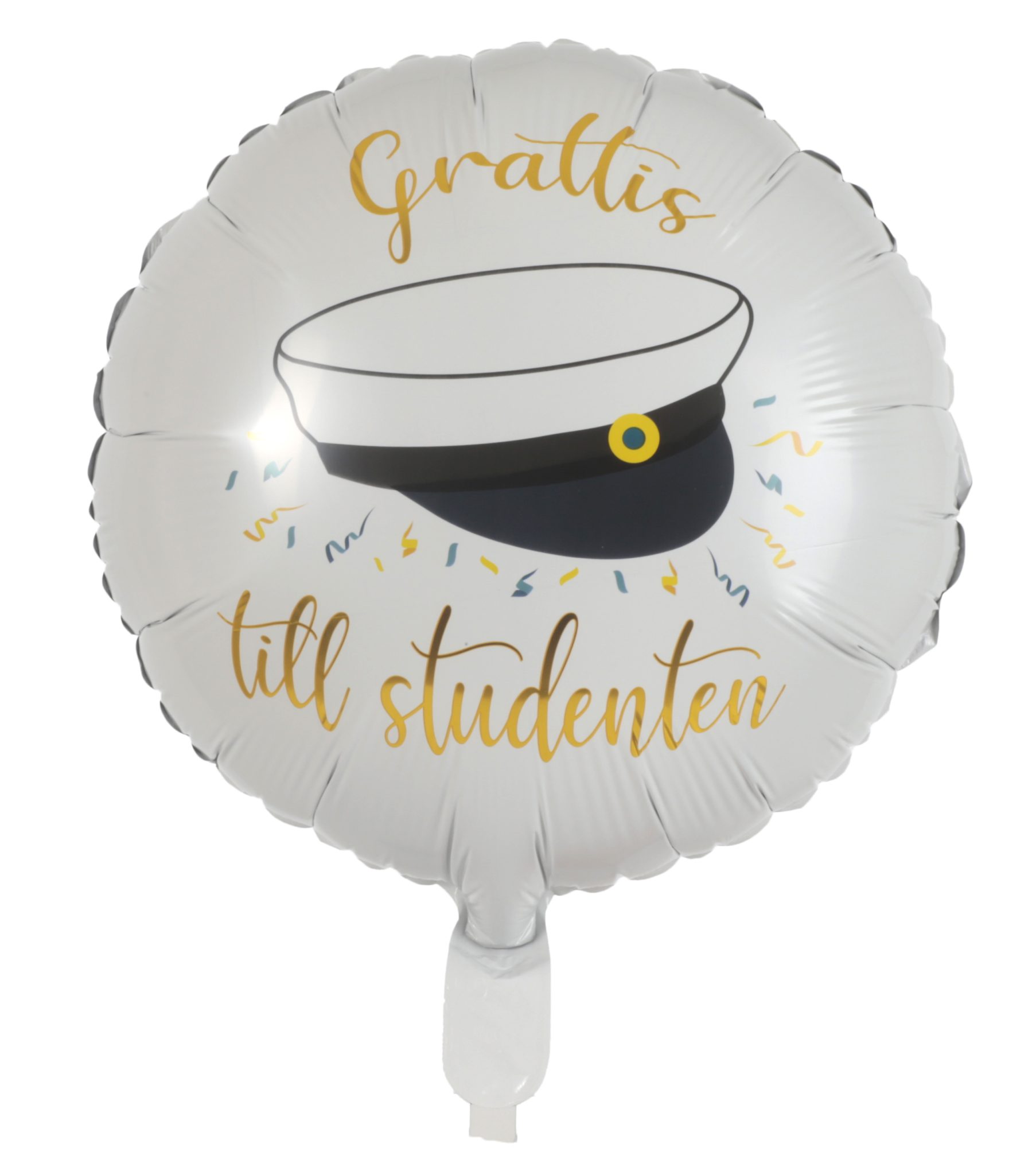 Folieballong Grattis Till Studenten Vit – elegant rund ballong med studentmössa och guldfärgad text. Perfekt till studentfirandet, kan fyllas med luft eller helium, ca 46 cm.