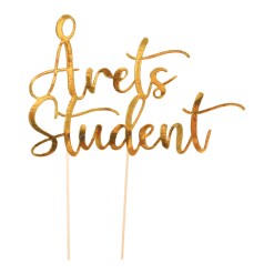 Tårtdekoration Årets Student – elegant cake topper i guldfärg med texten “Årets Student”. Perfekt dekoration till studenttårtan och festdukningen.