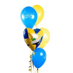 Fira studenten med stil! Ballongbukett Grattis till Studenten innehåller 10 latexballonger och 1 folieballong med studentmotiv, inklusive blått och gult snöre samt ballongvikt. Perfekt till studentskivan!